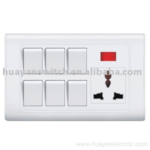 6gang switch+MF socket with neon indicator